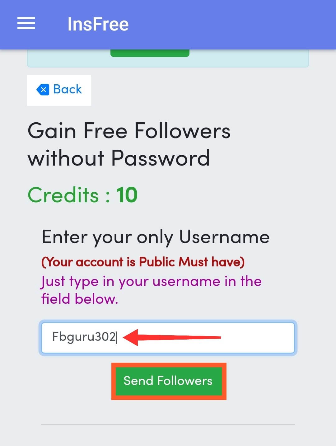 Enter Username and Send Followers Enter Username and Send Followers