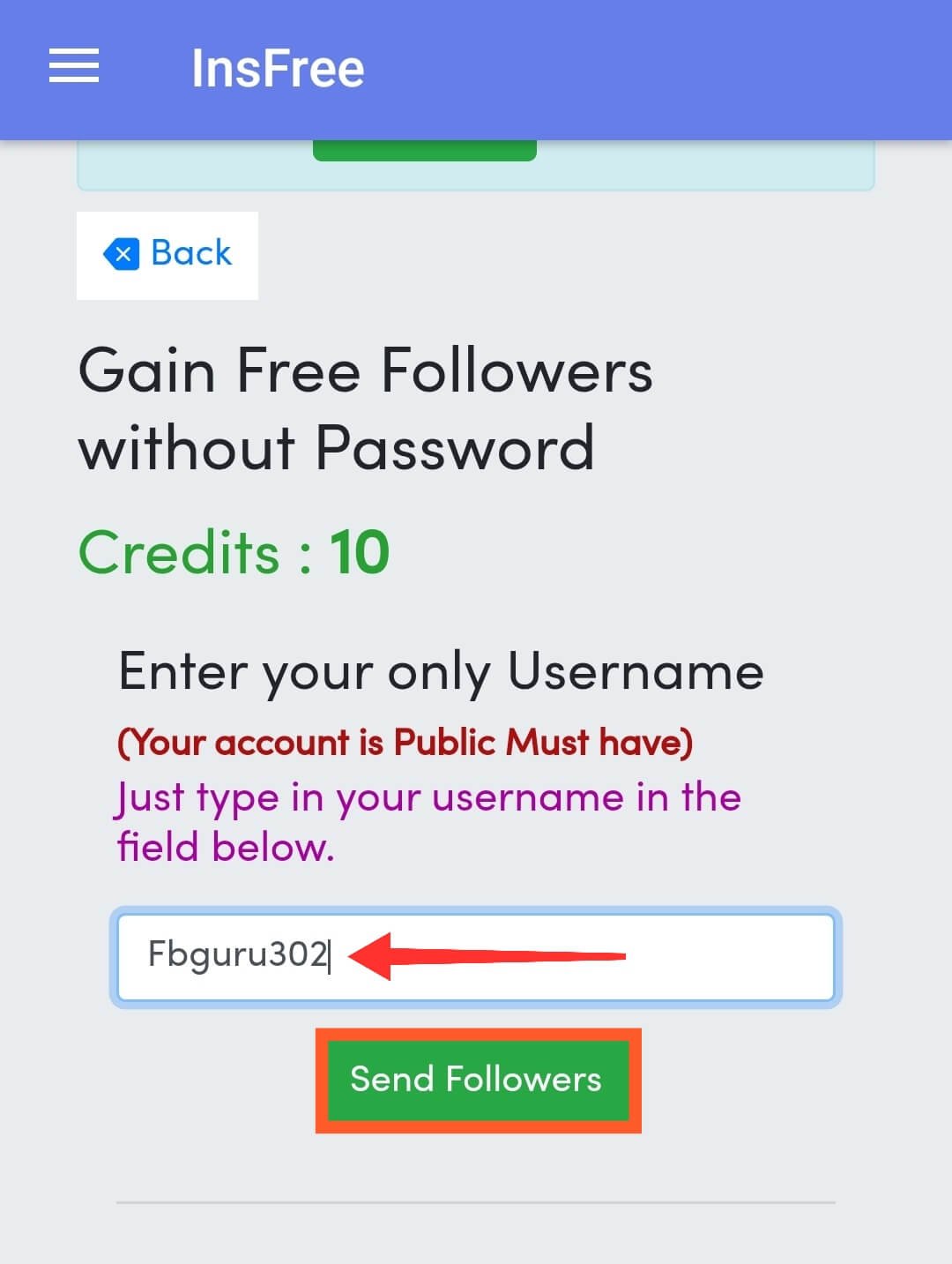 Enter Username and Send Followers